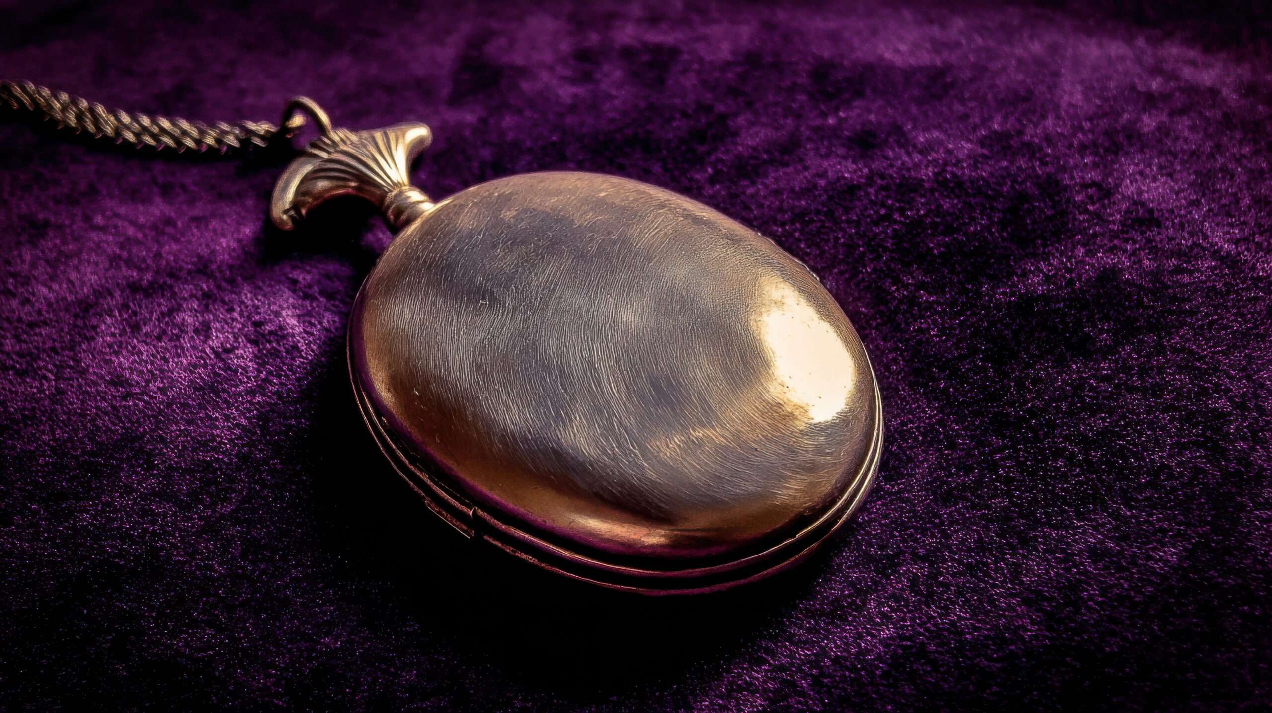 A tarnished antique silver locket, dented and scratched, with ornate detailing resting on a rich purple velvet fabric.<br />
