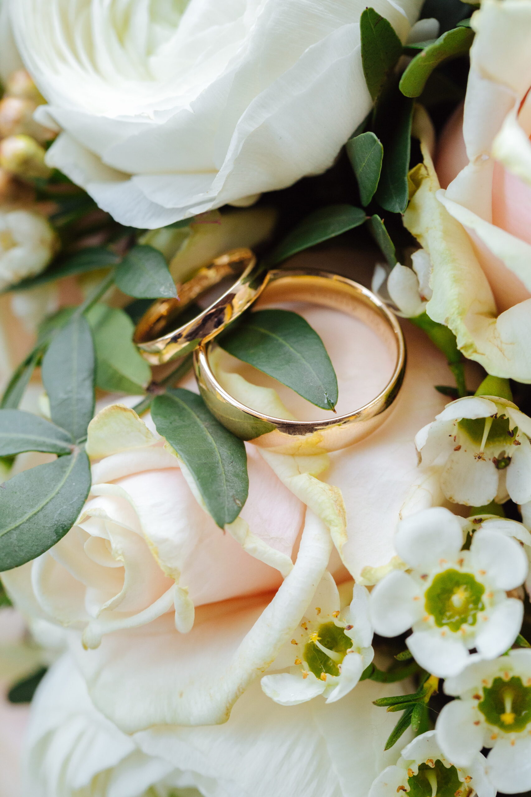 wedding rings<br />
 laid on top of white flowers