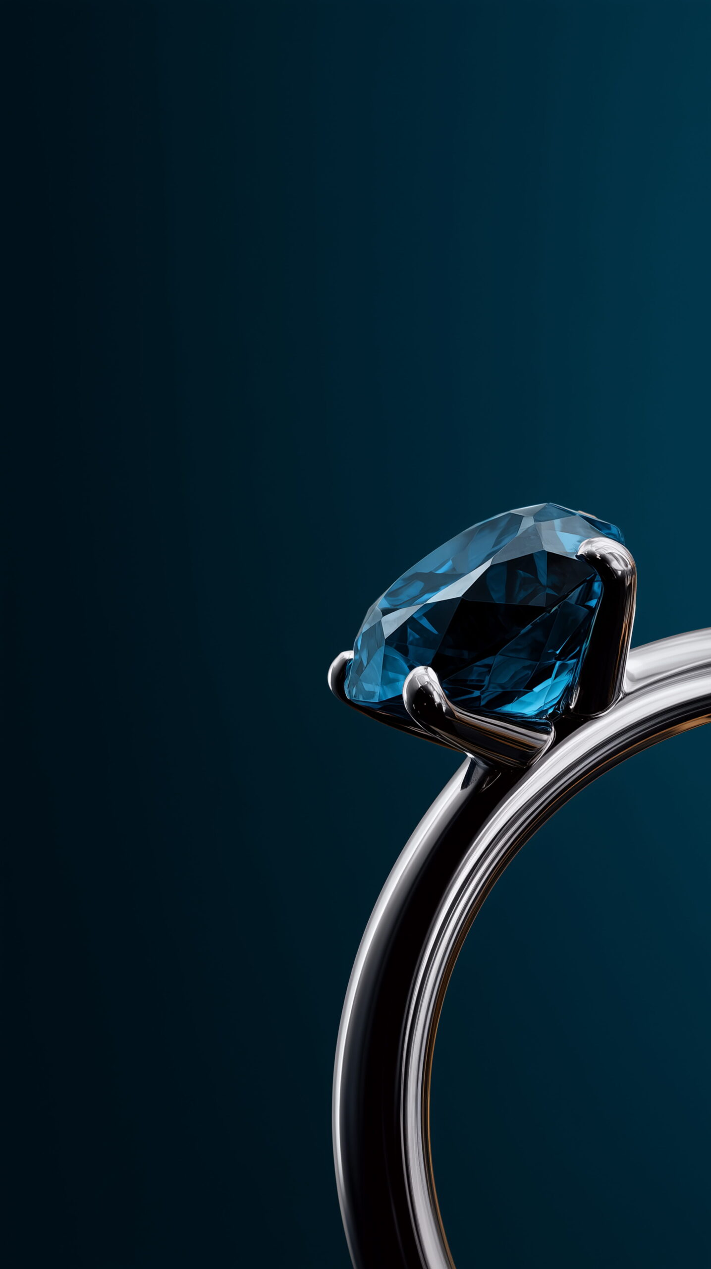 Blue sapphire solitaire ring, platinum band gleaming against deep teal background. Brilliant facets, dramatic directional light. Luxury jewelry editorial concept.